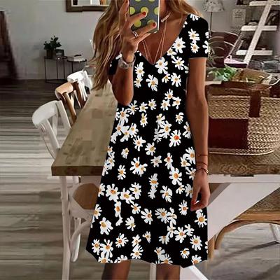 Sommermode Damen V-Ausschnitt Kurzarm Blumen bedrucktes Kleid Sex Kurzer Rock Kleider