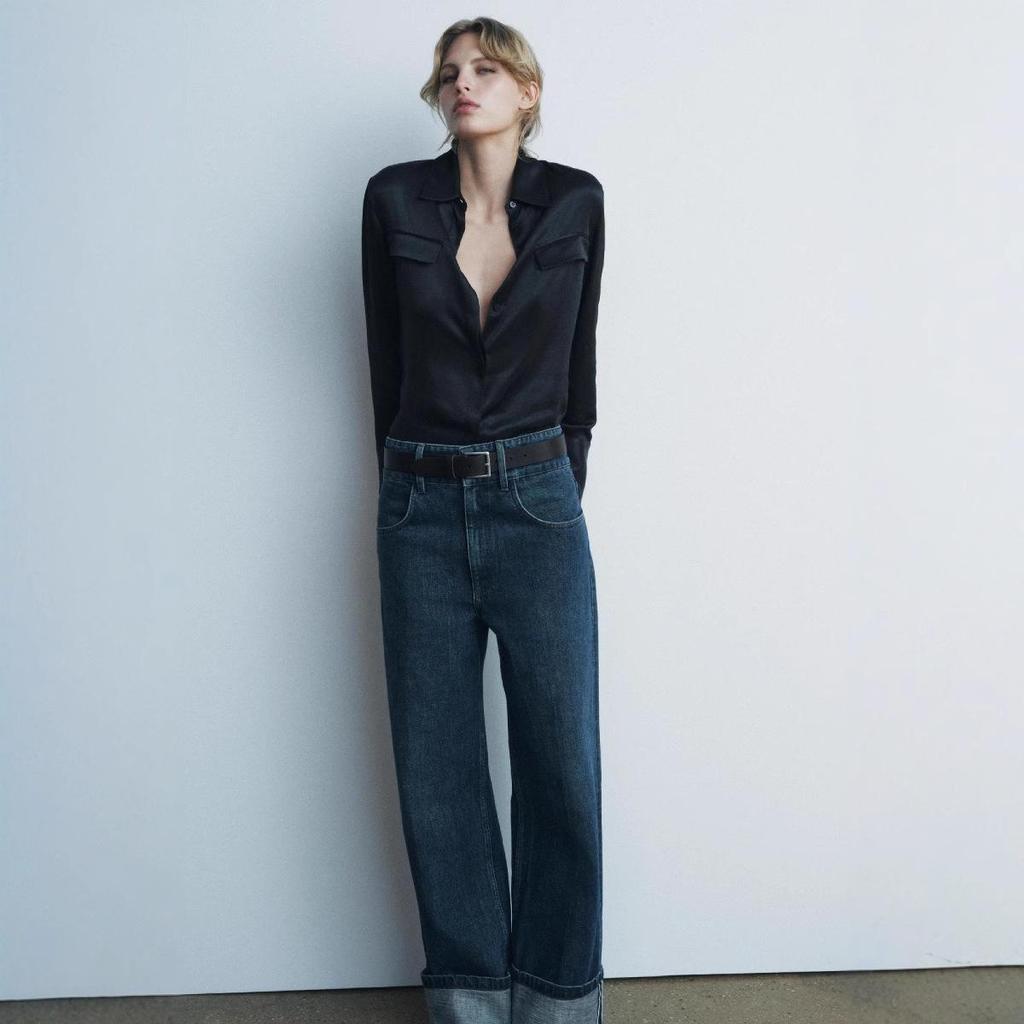 Satin Texture Long Sleeve Shirt with Pocket Decoration - 2024 European & American Fashion for Women