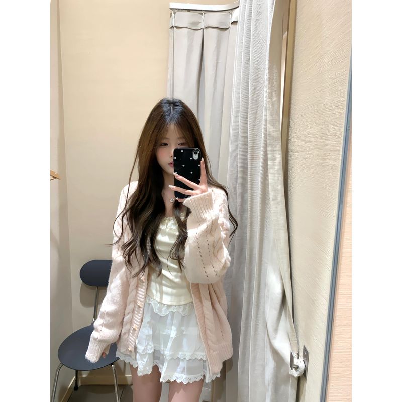 

Pink V-neck Sweater Outerwear Women Spring and Autumn Loose Idle Style Twist Knit cardigan Early Spring New 2025 Top Pink L