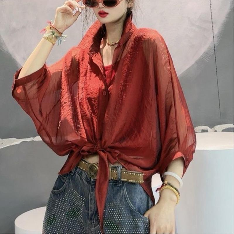 Women's Fashion Sunscreen Clothing 2024 Summer New Thin Blouses Loose Solid All-match Polo Neck Button Bandage 3/4 Sleeve Shirts