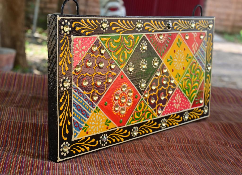 Indian Folk Art Mirror Work Wood Wall Panel: Hand-Painted Ethnic Decor