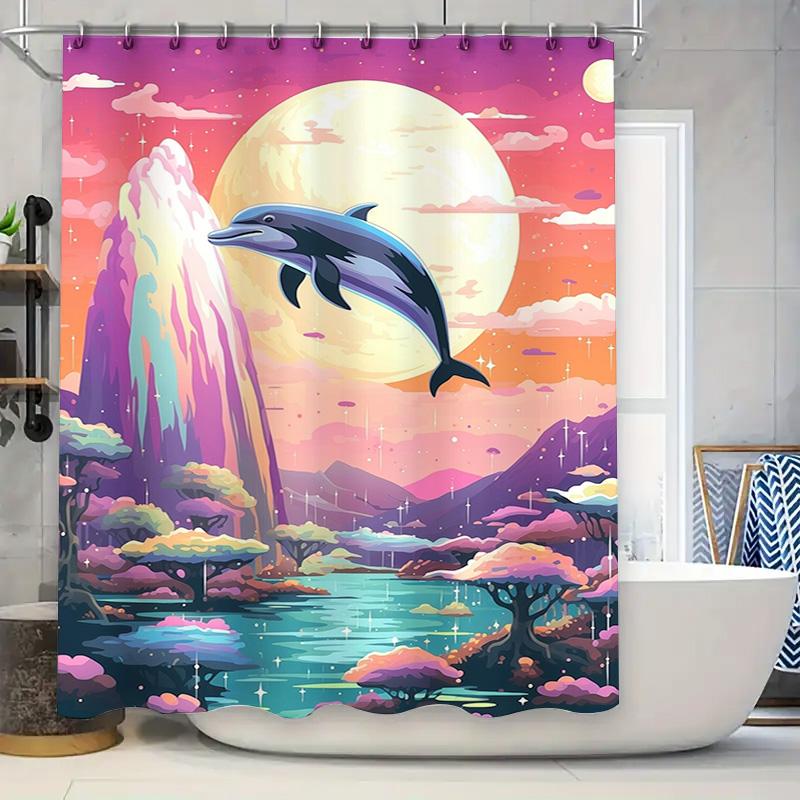 Magical Underwater World Shower Curtain Dolphin Sunset Purple Moon Lights Ocean Trees Cartoon Print Home Decor Waterproof Fabric 90x180cm