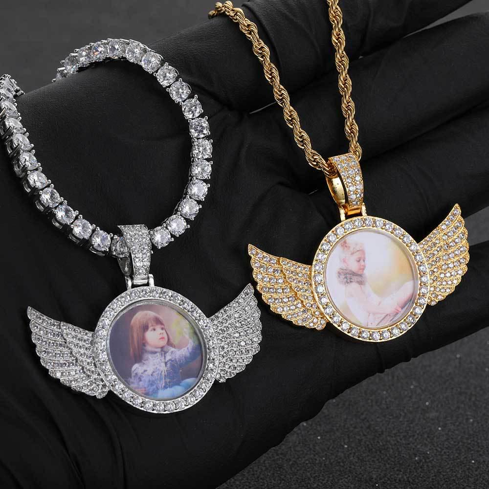 European-American Hip Hop Angel Wings Zircon Photo Frame Pendant Necklace
