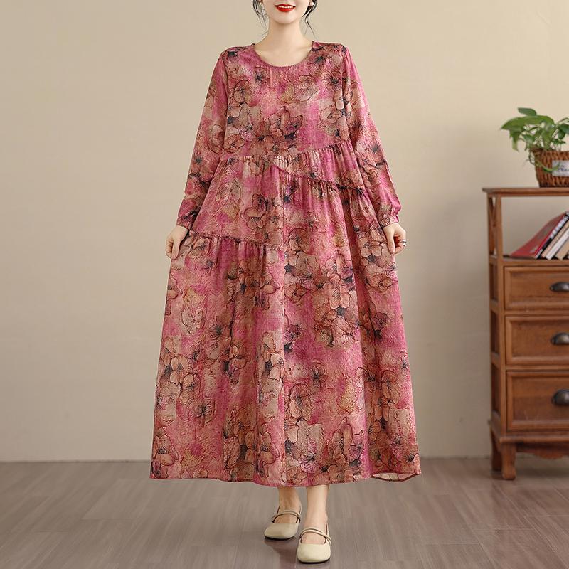 DIMANAF New 2026 Women Plus Size Spring Summer Vintage Long Dress Loose Oversize Long Sleeve Maxi Floral Print