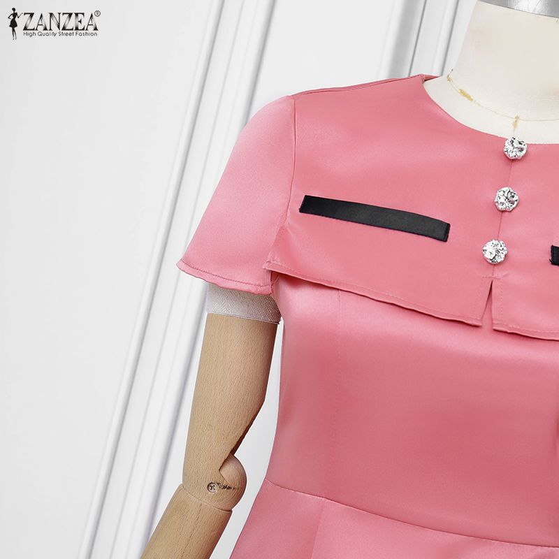 ZANZEA Women Casual Round Neck Short Sleeve Elegant A-line Dress
