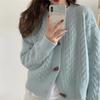 Women Solid Color Round Neck Horn Button Short Knit Cardigan Sweater Outerwear
