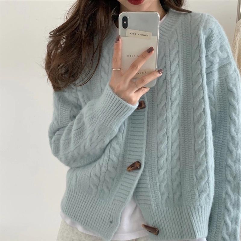 Women Solid Color Round Neck Horn Button Short Knit Cardigan Sweater Outerwear