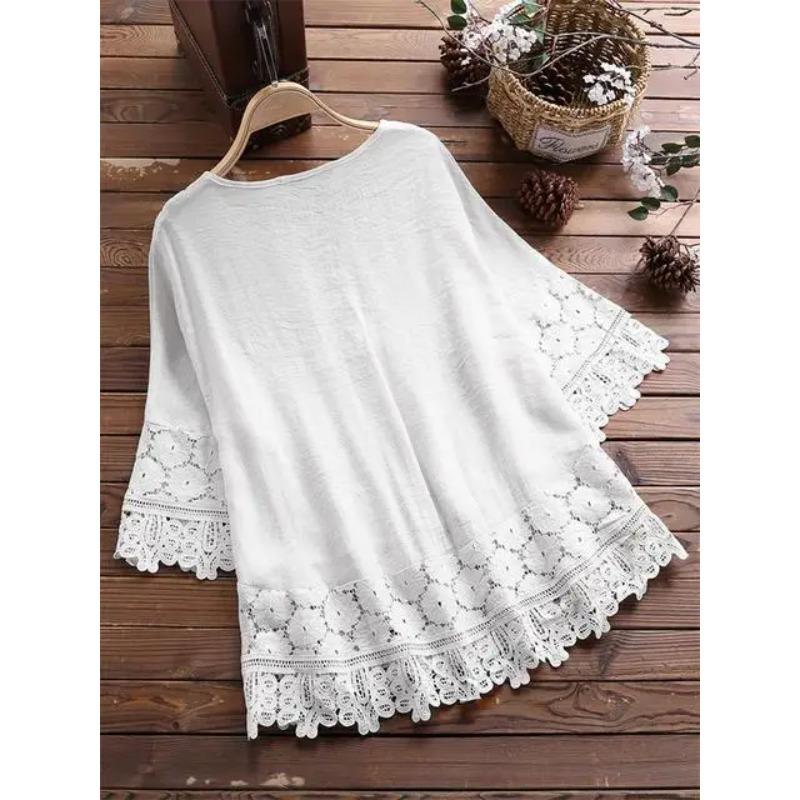 Summer Women Casual Solid Shirt Linen Stitching Lace Flower V-neck Loose Blouse Elegant Holiday Shirts