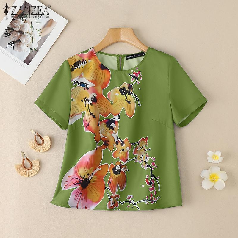 ZANZEA Women Floral Print Summer Casual Round Neck Short Sleeve Blouse