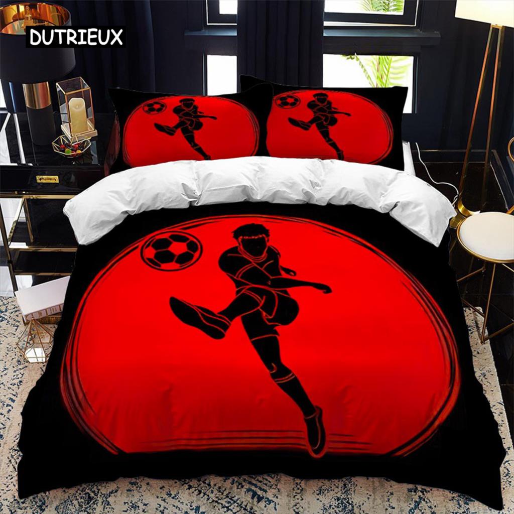 Soccer Duvet Cover Set 2/3pcs FootBall Print Bedding Set with Comforter Cover and Pillowcases Ball Theme for Kids Teens Adults
