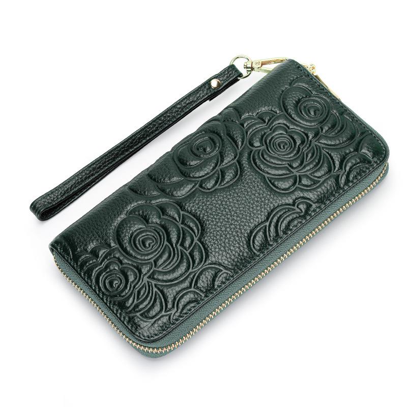 Camellia Women's Genuine Leather Long Wallet, Large Capacity Clutch for Phone and Cash