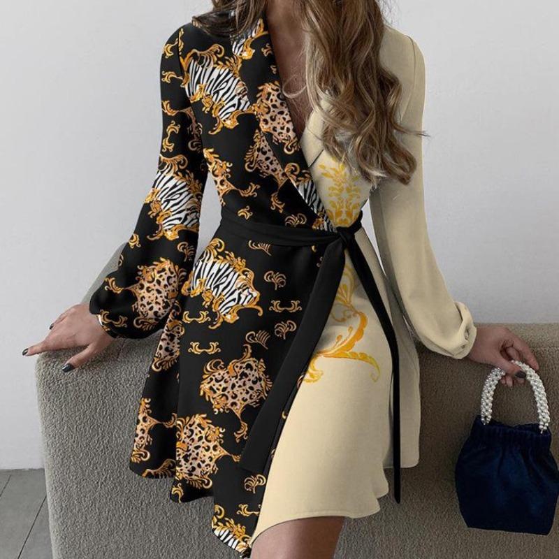 Frühling Herbst Damenmode Blumendruck Langarm V-Ausschnitt Hohe Taille Freizeitkleid