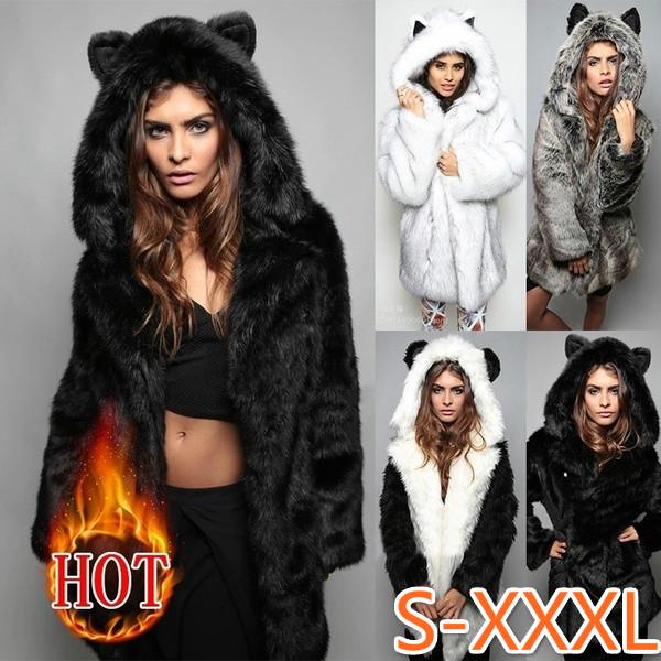 

Зимняя женская шуба из лисьего меха с капюшоном и ушками в длинной части женской шубы из искусственного меха