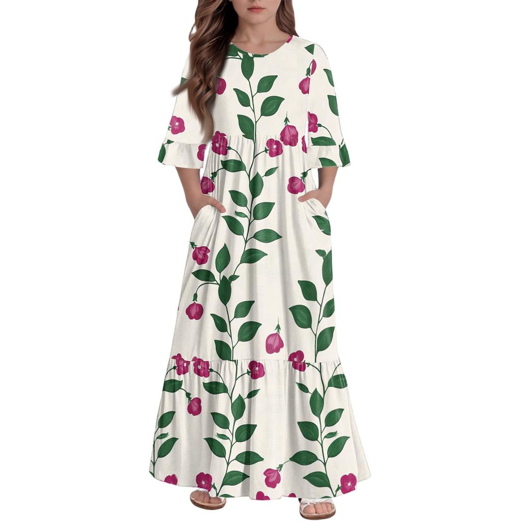 Girls' Tiered Ruffle Dress - 3/4 Sleeve Pocket Maxi With Pockets
