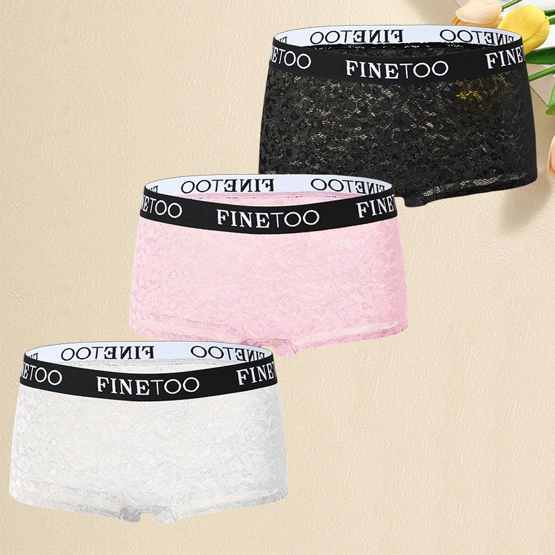 FINETOO 3Pcs/Set Mid-Waist Underpants Lace Boxer Briefs For Women Sexy Transparent Underwears Comfortable Soft Panties S-XL Size