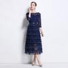 Solid Patchwork Embroidery Cascarding Ruffles Long Dress for Women Slash Neck Lace Hollow Out Office Work Dress Female Clothing