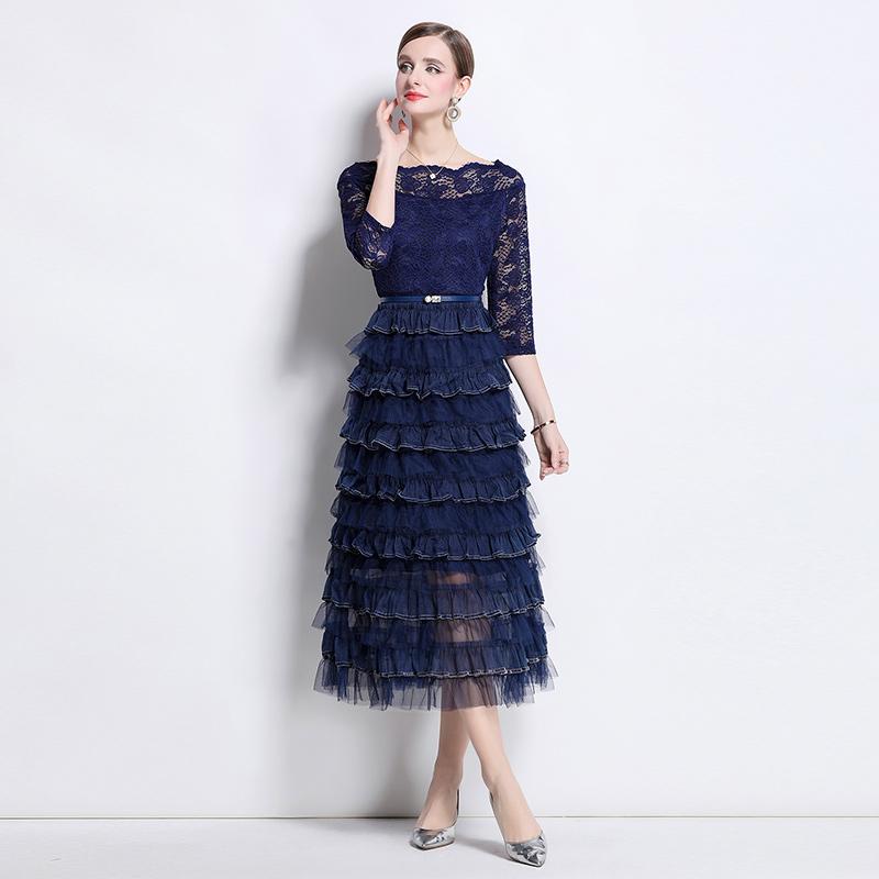 Solid Patchwork Embroidery Cascarding Ruffles Long Dress for Women Slash Neck Lace Hollow Out Office Work Dress Female Clothing