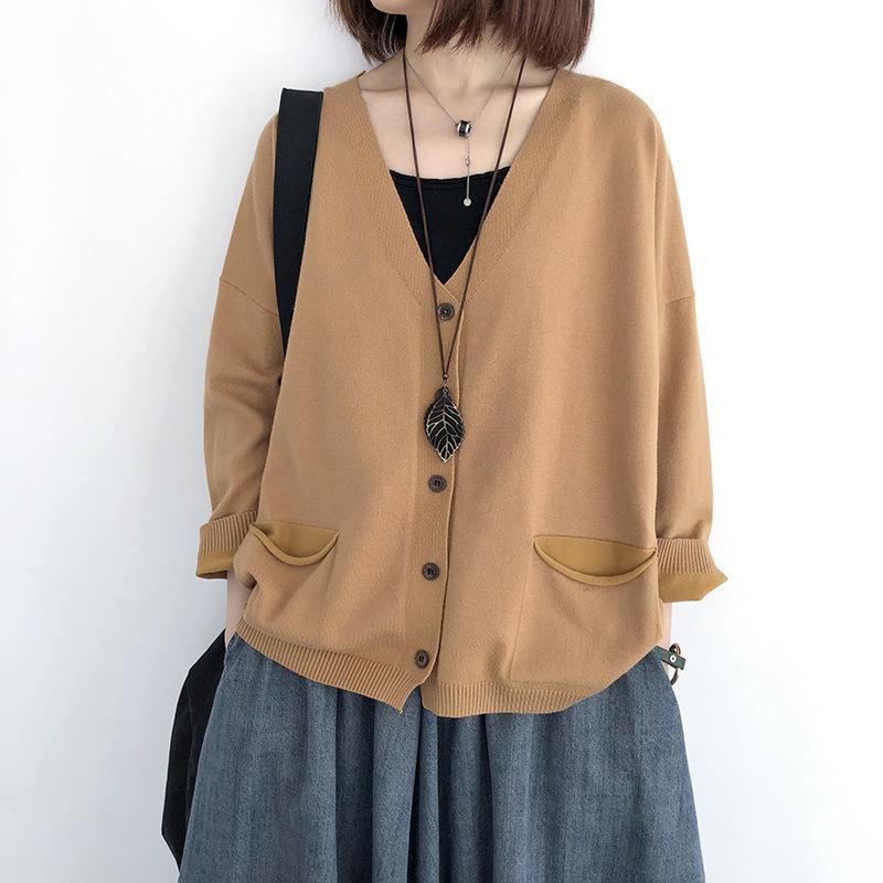 Loose Retro Knitted Cardigan Sweater Women's Thin Long-sleeved Korean V-neck Solid Color Jacket