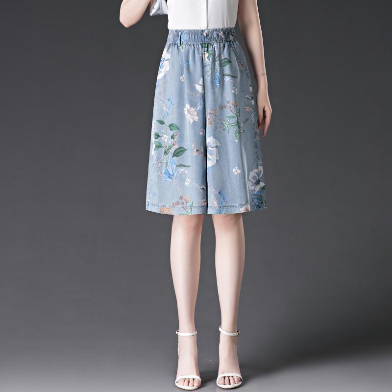 

Women s Hydrangea Print Wide-Leg Tencel Jeans - Soft, Comfortable, Slimming Summer Style (2008) 27 синий
