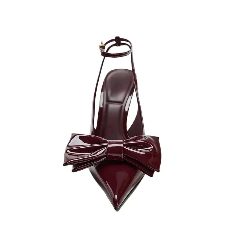 

Fashion Sexy Pointed Toe Patent Leather High Heeled Sandals Women Luxury Brand Designer Shoe Elegant Ankle Buckle Bow Banquet Dress Shoe 42 бордовый
