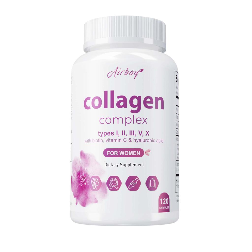 Collagen capsules containing biotin, vitamin C, and hyaluronic acid help maintain skin elasticity and support healthy hair, nails, and joints.