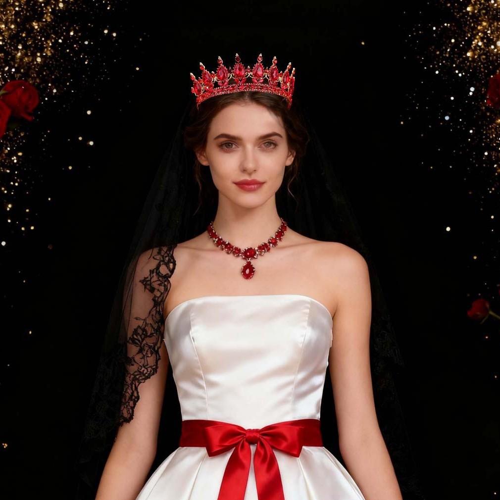 European and American Wedding Dresses  Bridal Headwear Crown Evening Performance Party Hair Accessories Elegant Red Rhinestone Crown Accessories