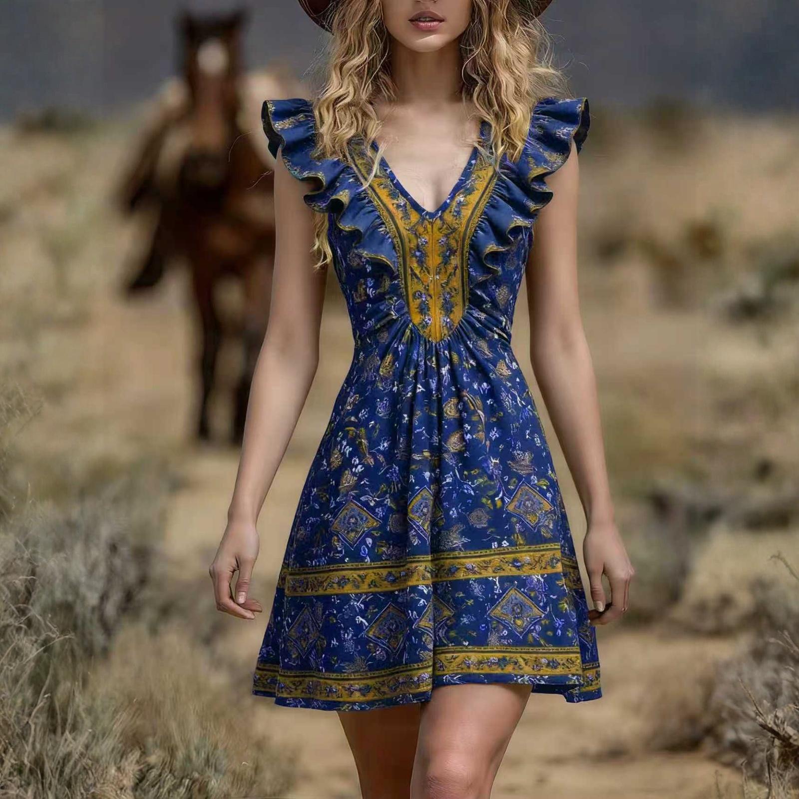 

Женское платье Повседневное Легкое Платье V-образный вырез Отпуск Бохо Пляжное Летнее платье L синий