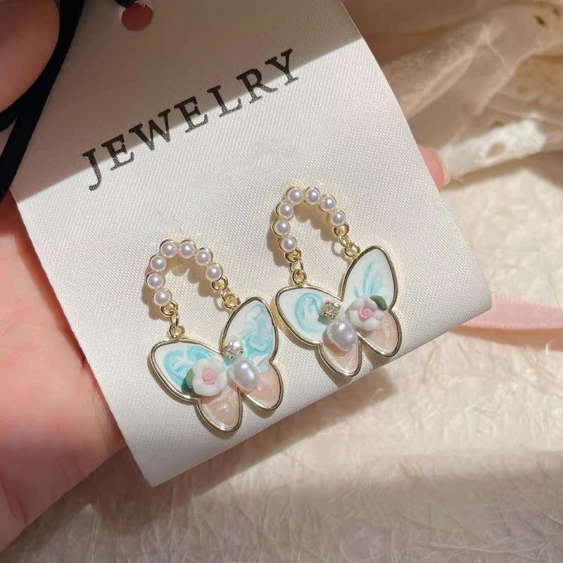 Sweet wind oil painting three-dimensional butterfly flower earrings, exquisite design personalized versatile earrings women