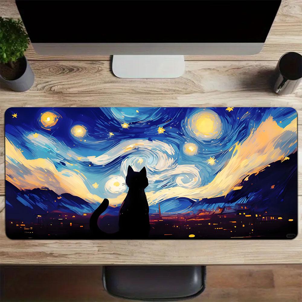 Sternenhimmel mit schwarzer Katze Großes Gaming-Mauspad Wasserdicht Rutschfest
