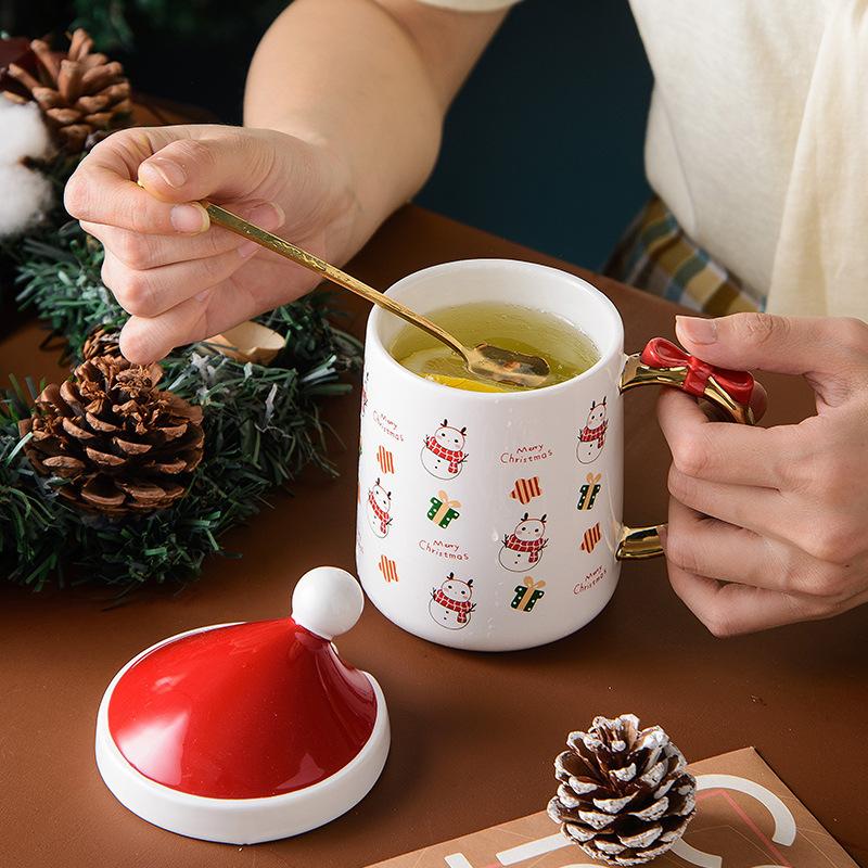 Luxury Christmas Mug Santa Ceramic Cup Bow Handle Creative Coffee Cup Cartoon Christmas