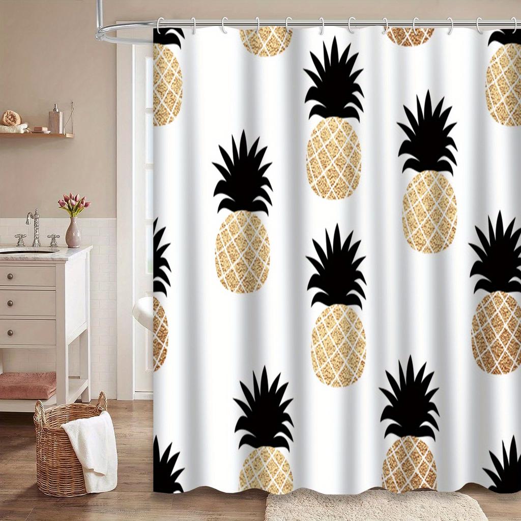 Tropical Pineapple Shower Curtain - Golden & Black Beach Art Design, Machine Washable Polyester, Bath Decor