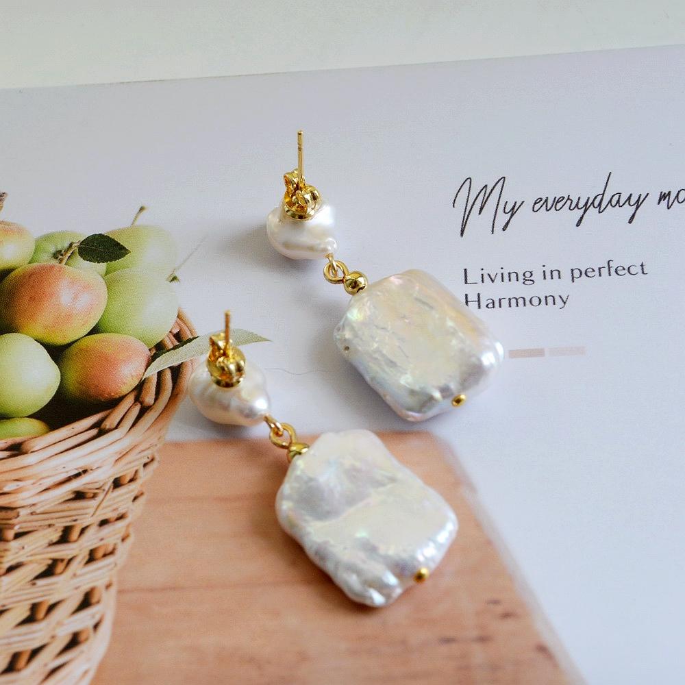 Pearl Earrings White Natural Freshwater Pearl Gold Silver Earrings Baroque Square Drop Earrings Bohemian Ladies Earrings