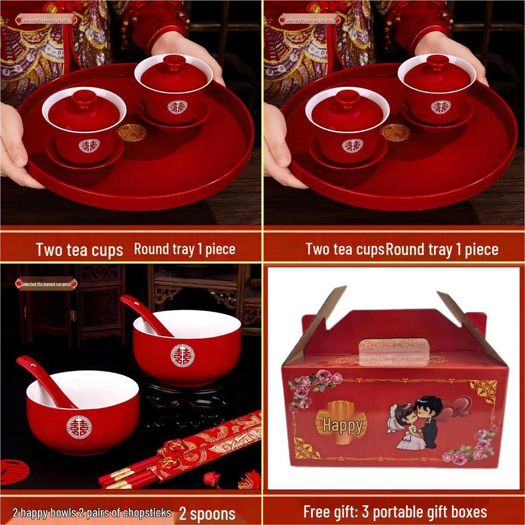Complete Wedding Tea Cups Set: Red Bowls with Lids & Chopsticks for Joyful Occasions