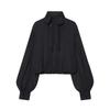 Womens Elegant Sheer Bow Collar Lantern Sleeve Blouse Classic Solid Color Office Wear