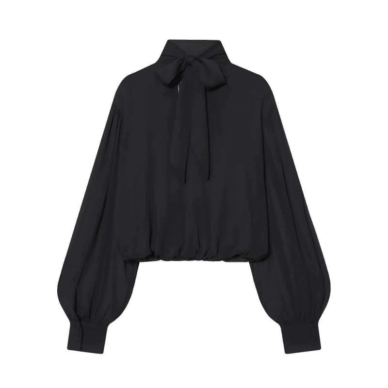 Womens Elegant Sheer Bow Collar Lantern Sleeve Blouse Classic Solid Color Office Wear