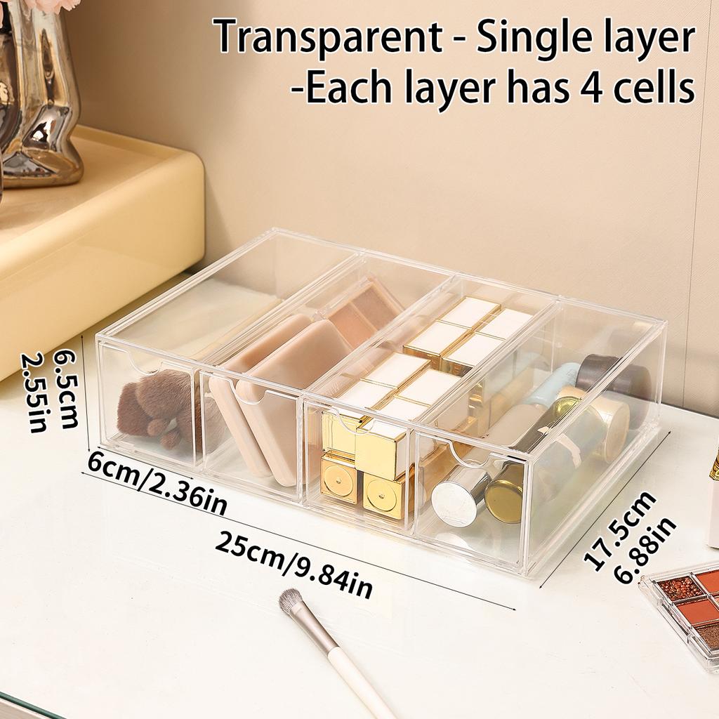 1 Stück einlagig vier Fächer transparent/weiß Acryl Kosmetik Aufbewahrungsbox, stapelbare Schubladen-Stil Schminktisch Display Box