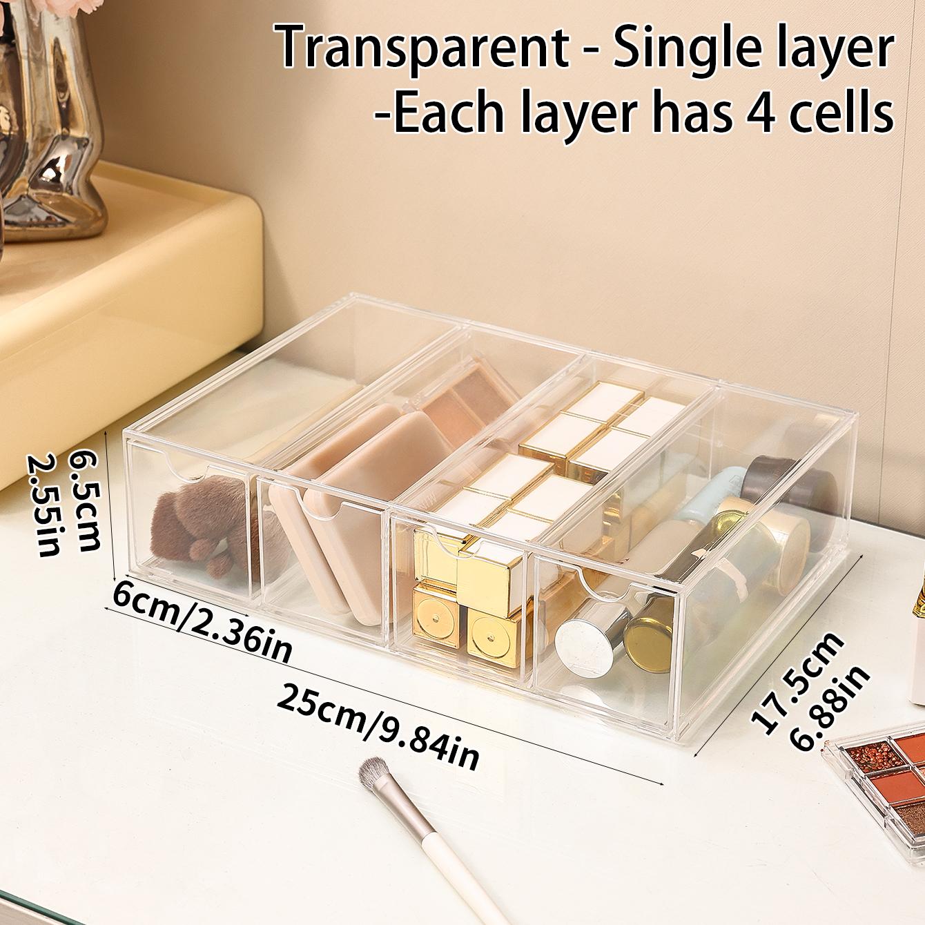 

1pc one layer four grid transparent/white acrylic cosmetics storage box, stackable drawer style dressing table display box прозорий