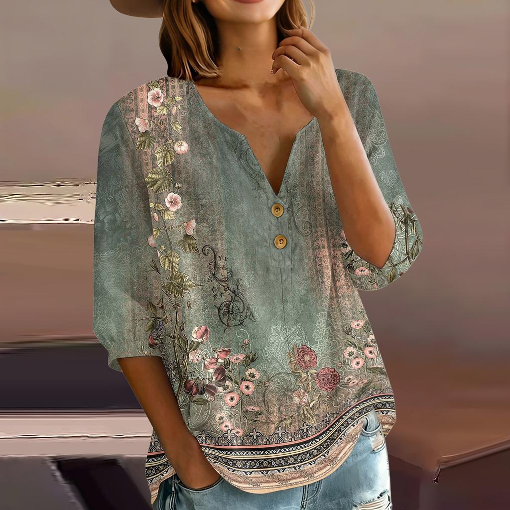 Women’s Floral Print Henley Neck Button Front Cotton Linen Blouse with Chest Pocket and Three Quarter Sleeves for Casual Wear