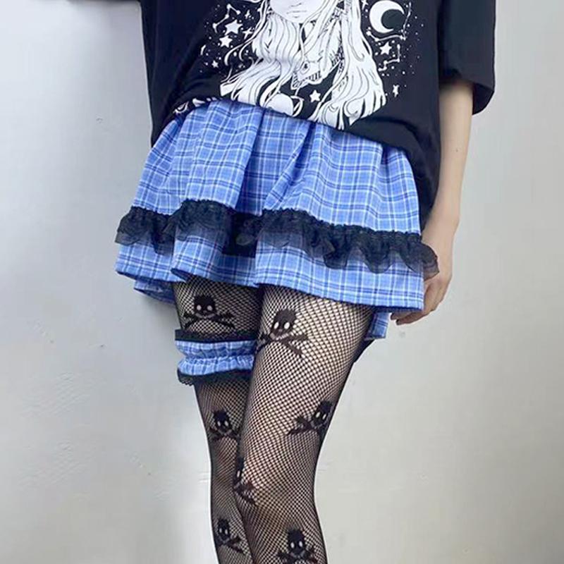 Kostkovaná sukně Harajuku Lolita Streetwear Hiphop A-Line Sexy minisukně Móda Krajková skládaná sukně s vysokým pasem pro dívky Y2K Style Club