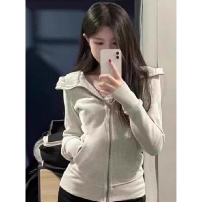 Black Slim-Fit Women s Hoodie Jacket, Spring/Autumn, Cinched Waist, Fashionable and Versatile Small