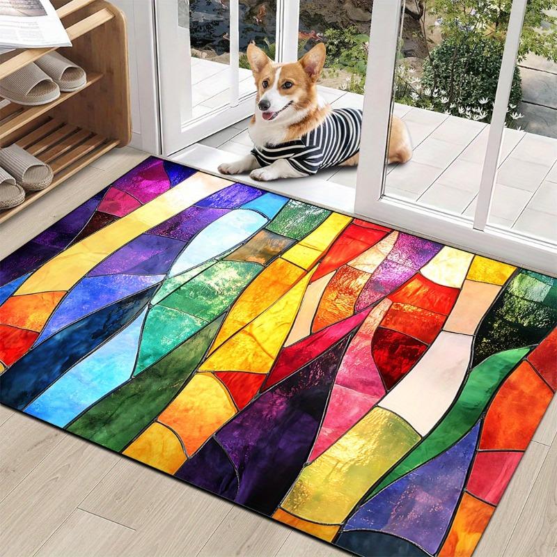 Colorful Abstract Stained Glass Pattern Anti Slip and Washable Indoor and Outdoor Entrance Door Mat, Fashionable Home Decoration
