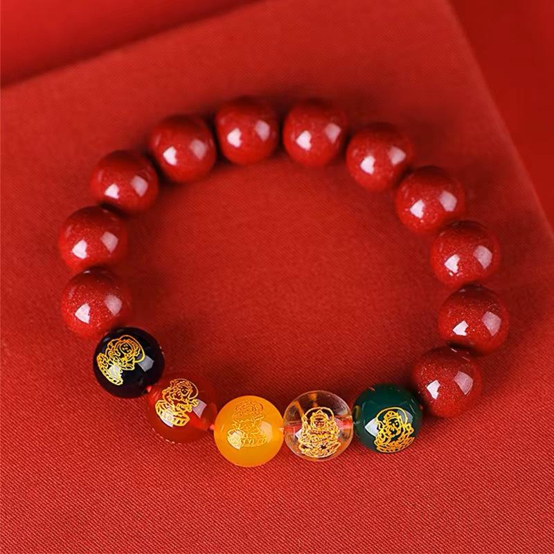 Five Gods of Wealth Cinnabar Lucky Crystal Bracelet for Men and Women - Benming Year Buddhist Beads Jewelry Gift
