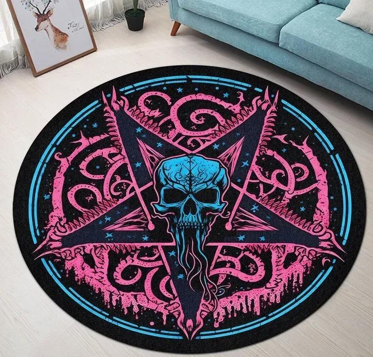 Pentagramm Schädel Cthulhu Magischer Kreis Runder Teppich Hexe Gothic Rock Interieur Mystisches Blau Rosa Hölle Dekoration