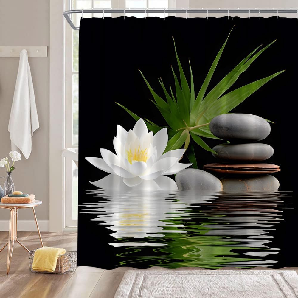 

Spa Lotus Shower Curtain White Lotus Flower Black Stones Water Lily Floral Green Plam Leaves Japanese Style Relax Nature W60H190(CM)-1 Pcs