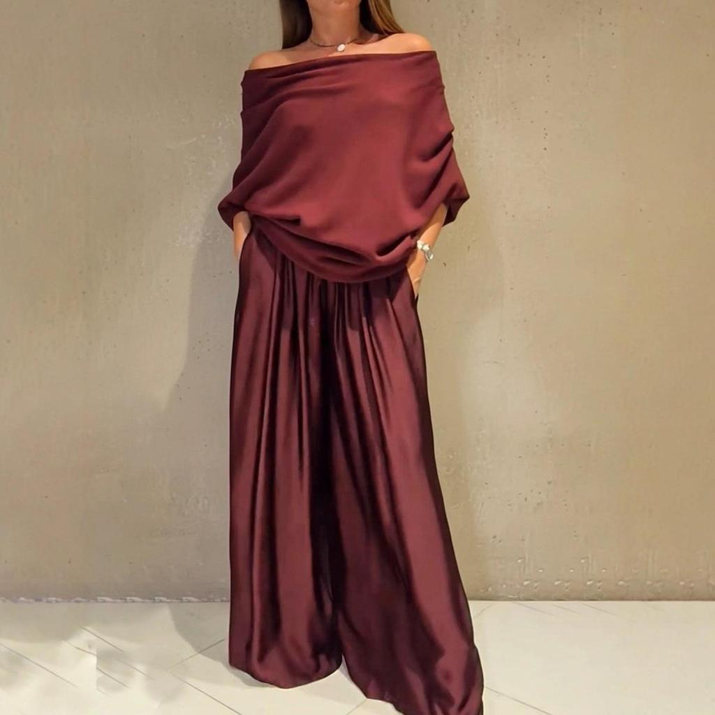 2026 Elegant Off-the-Shoulder Top & Satin Wide-Leg Pants Set