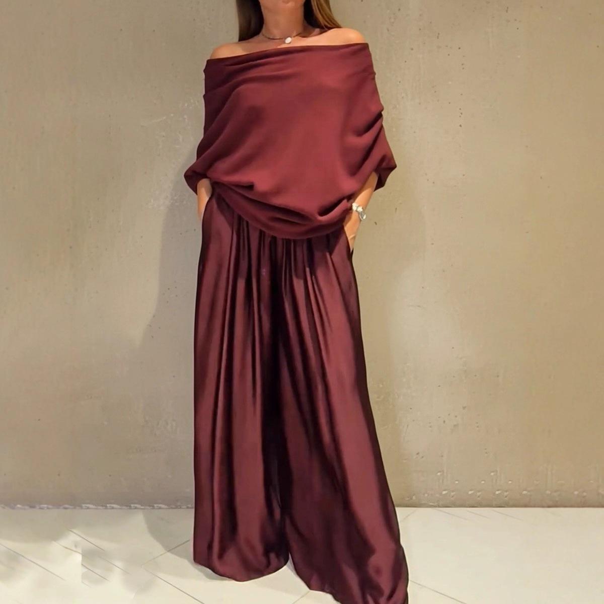 

2026 Elegant Off-the-Shoulder Top & Satin Wide-Leg Pants Set 2XL