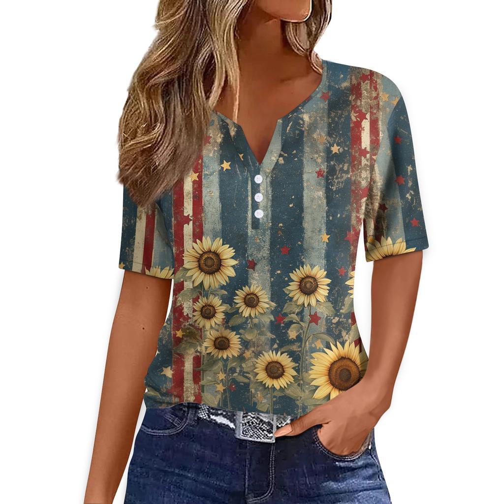 Women's T Shirt Tee Print Button Short Sleeve Daily Weekend Fashion Basic V- Neck Regular Top