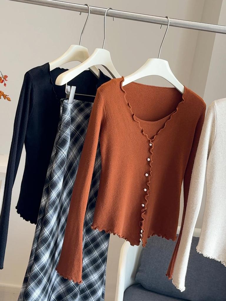 Ruffle Trim V-Neck Knit Camisole with Long Sleeve Cardigan - Women's Spring/Autumn Slim Fit Top