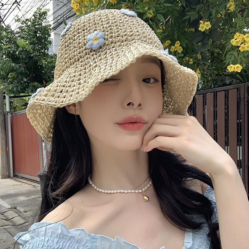 Stylish Blue Floral Straw Fisherman Hat For Women With Wide Brim Breathable Design Ideal For Sun Protection