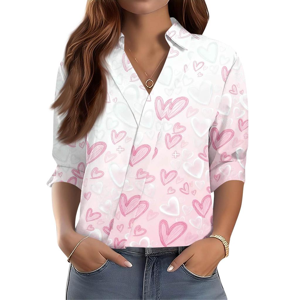 Women's 3/4-Sleeve V-Neck Shirt Printed Workwear Casual Regular Shirt Collar Top